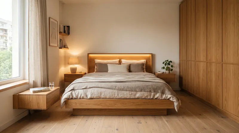 Bedroom with oak bed, bedside niches and floor-to-ceiling oak wardrobes