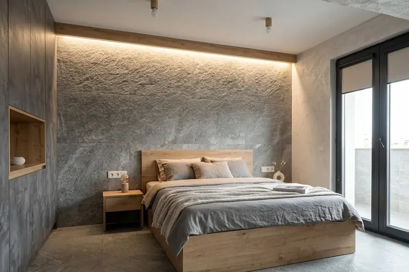 Design visualisation of a bedroom with a stone feature wall and floating bed