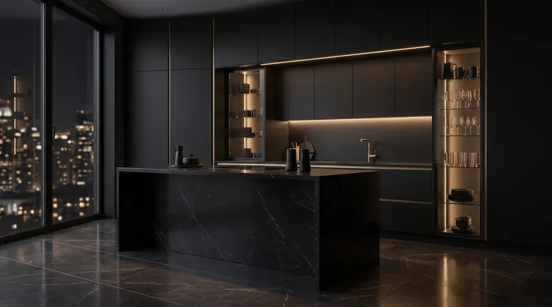 Design visualisation of a black kitchen with lit glass display units