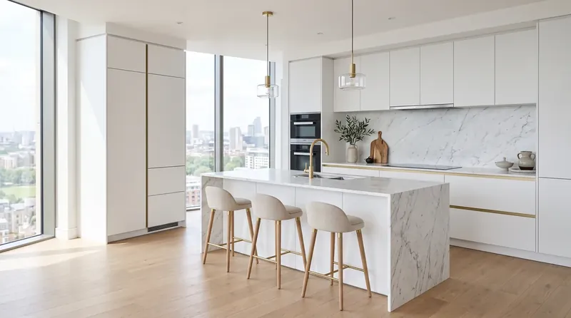 White bespoke kitchen with a marble island, brass pendants and bar stools overlooking London