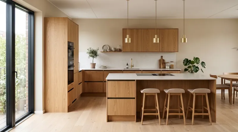 Design visualisation of a warm oak kitchen with an island and bar stools